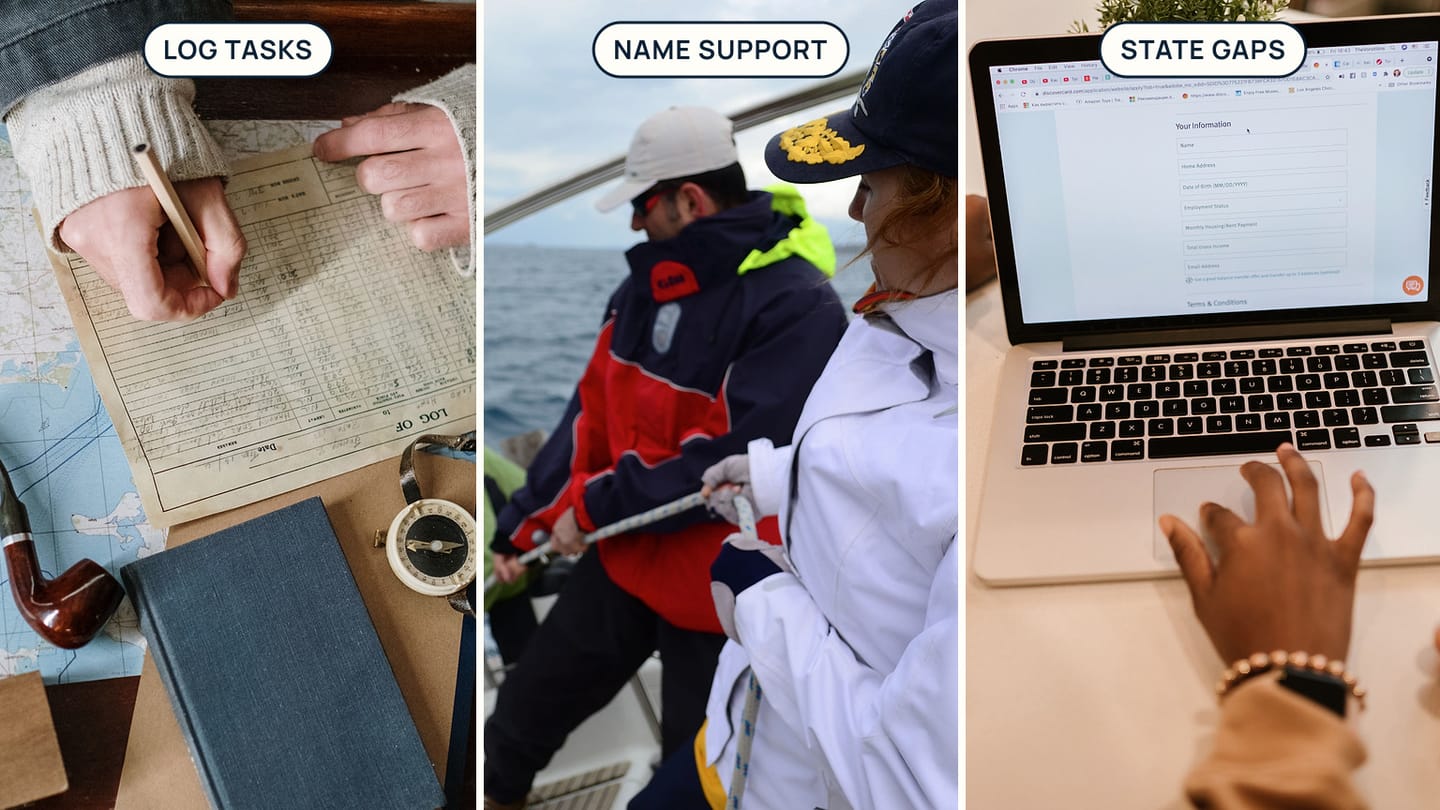 Panels labelled LOG TASKS, NAME SUPPORT, and STATE GAPS show a nautical record, working sailors, and an online form