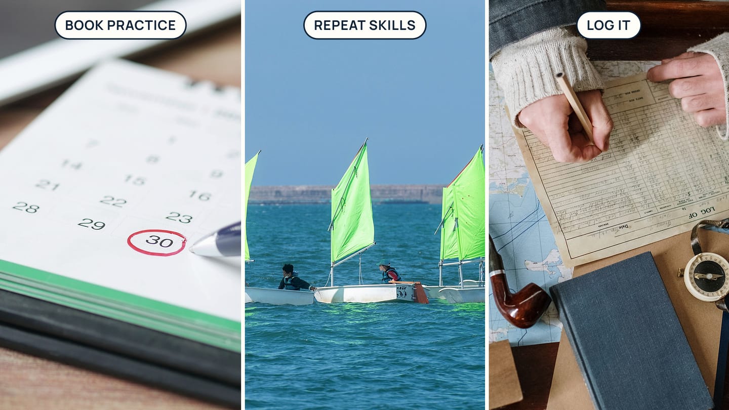 Panels labelled BOOK PRACTICE, REPEAT SKILLS, and LOG IT show a calendar, sailing dinghies, and a nautical record