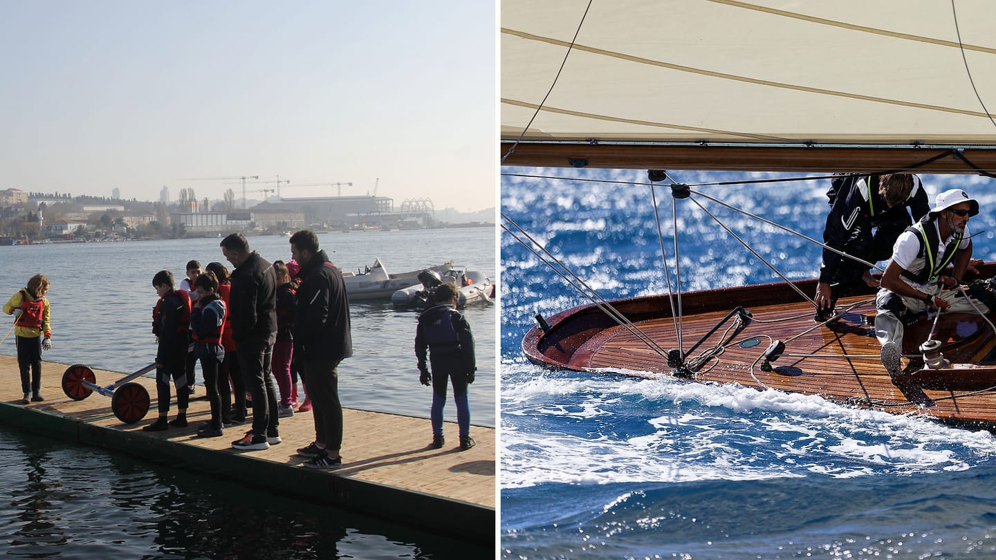 A dockside sailing group beside a yacht crew working under sail