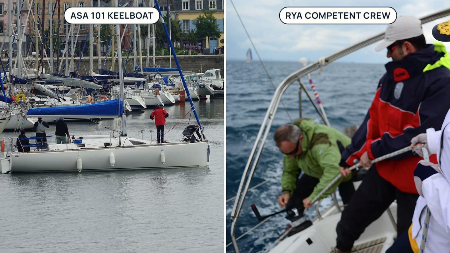 A basic keelboat in a marina beside cruising-yacht crew working lines, labelled ASA 101 Keelboat and RYA Competent Crew
