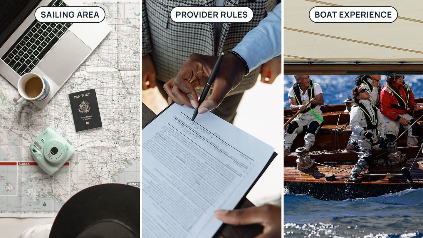 A map, signed agreement, and sailing crew labelled Sailing Area, Provider Rules, and Boat Experience