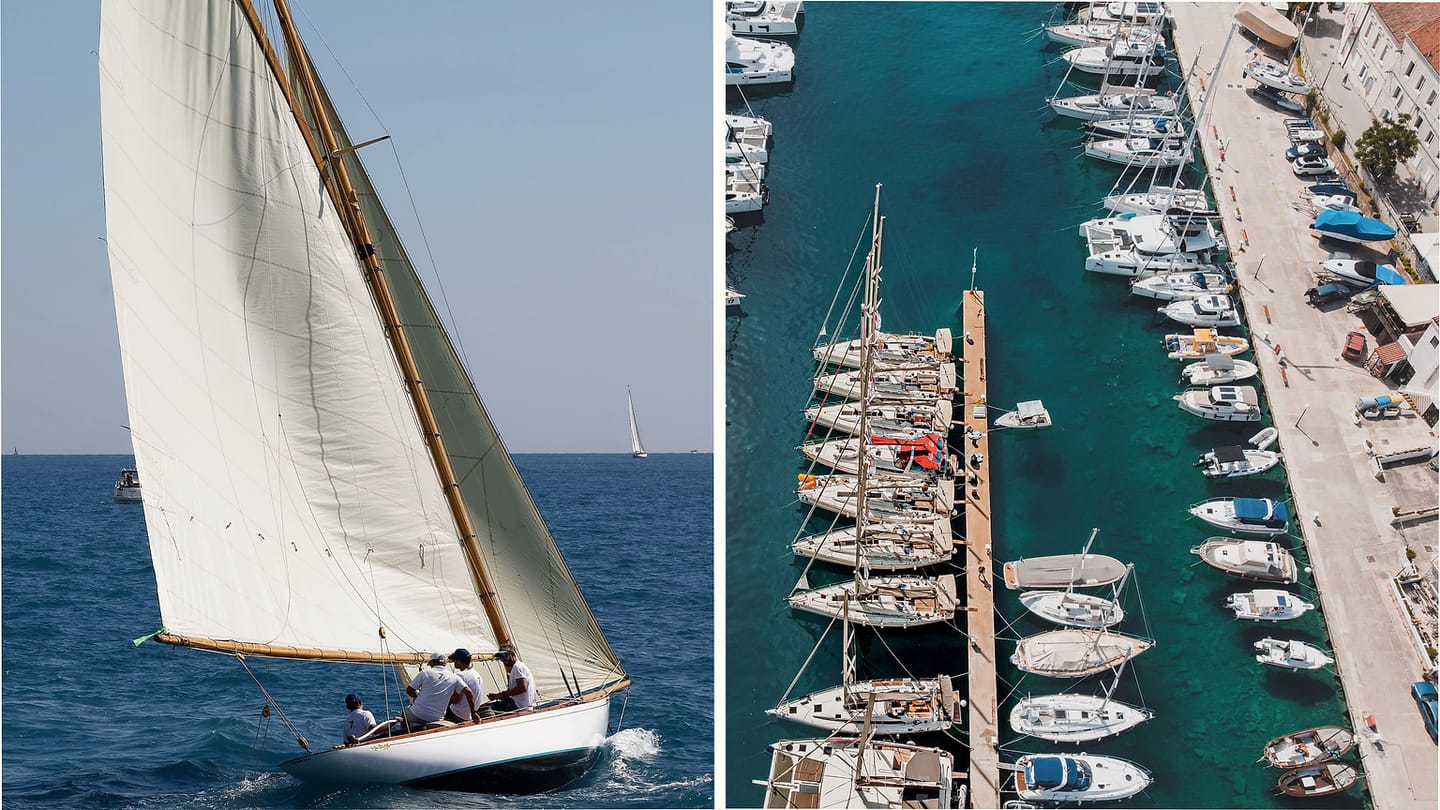 Sailing crew and charter boats in a marina