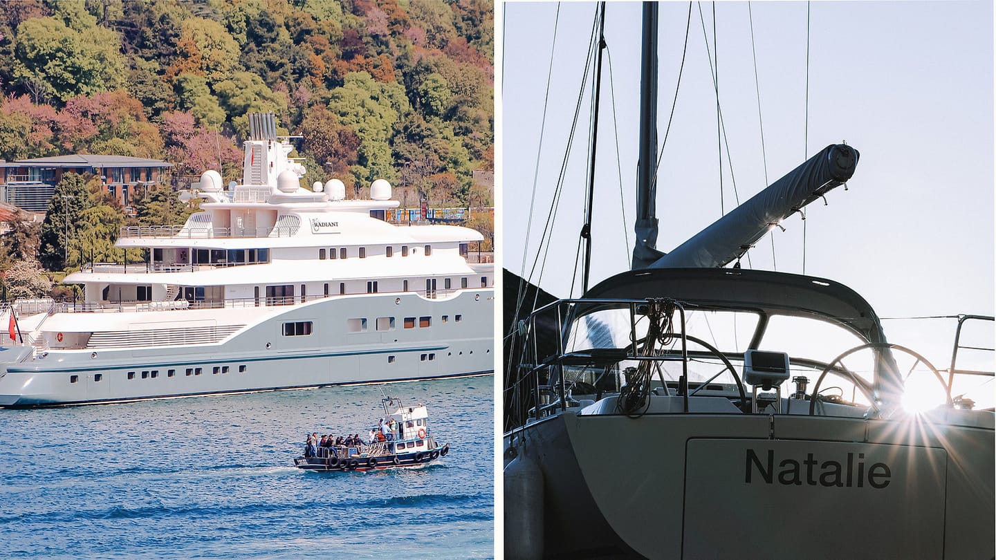 A large yacht and smaller sailing boat shown side by side