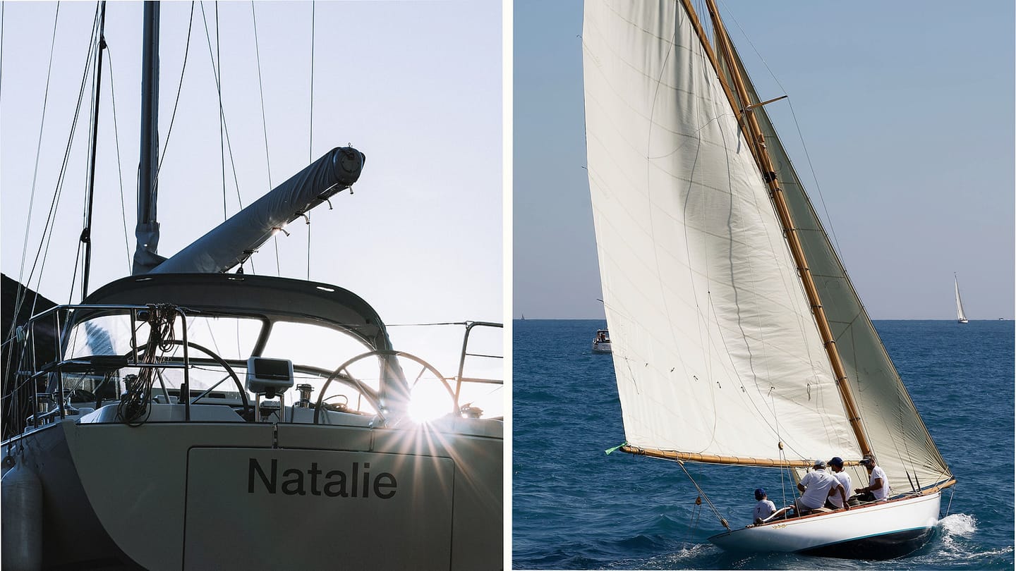 A docked sailboat and a crew sailing at sea