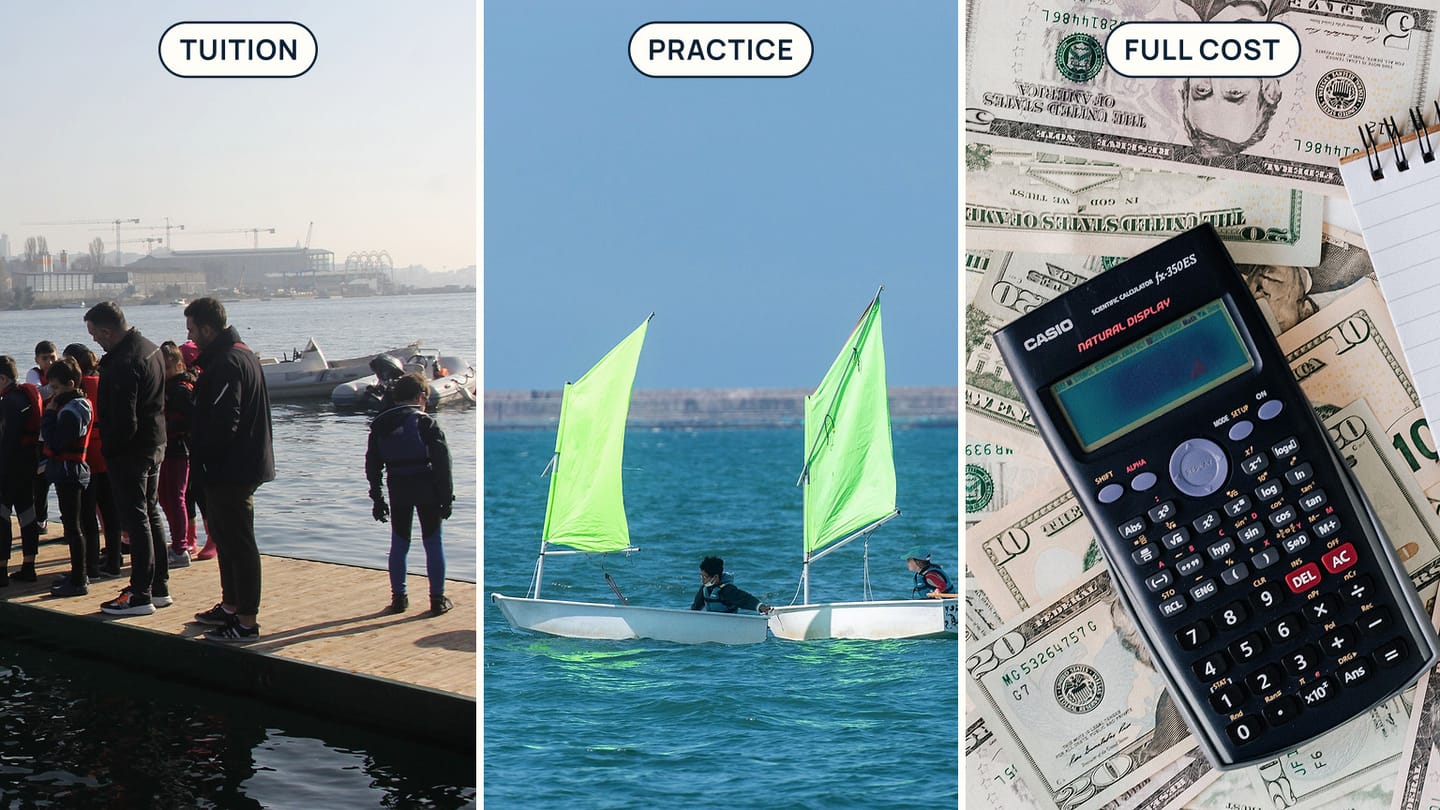 A lesson group, dinghy practice, and calculator panels labelled Tuition, Practice, and Full Cost