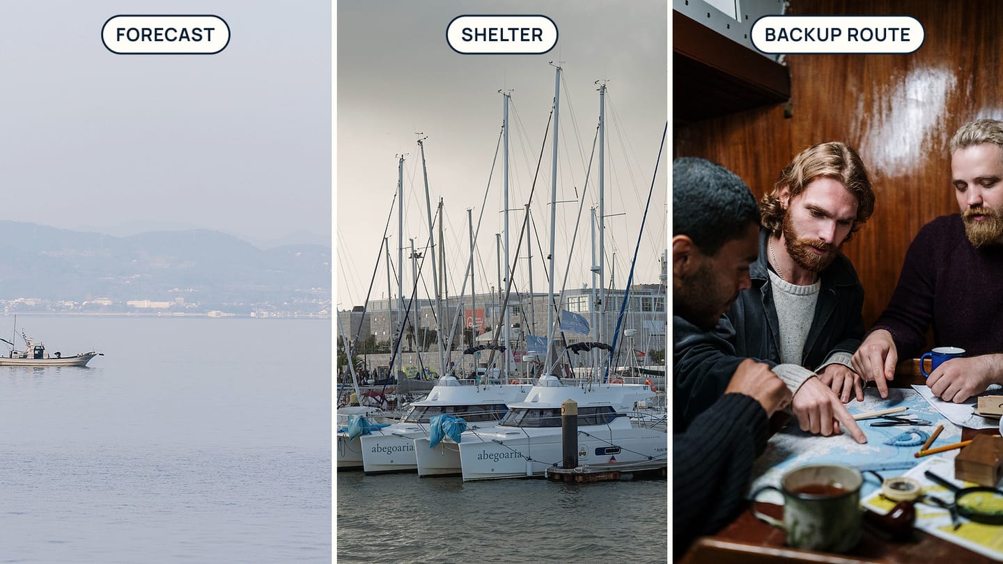 Panels labelled FORECAST, SHELTER, and BACKUP ROUTE show a boat in haze, a marina, and sailors discussing charts