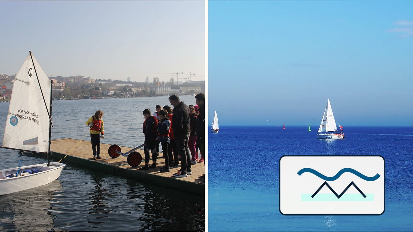 A supervised dockside dinghy session beside sailboats on open water
