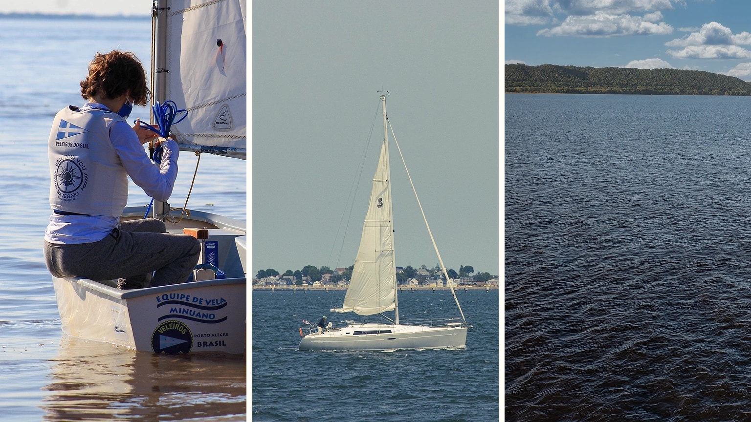 Small sailboats and larger yachts sailing near a coastline