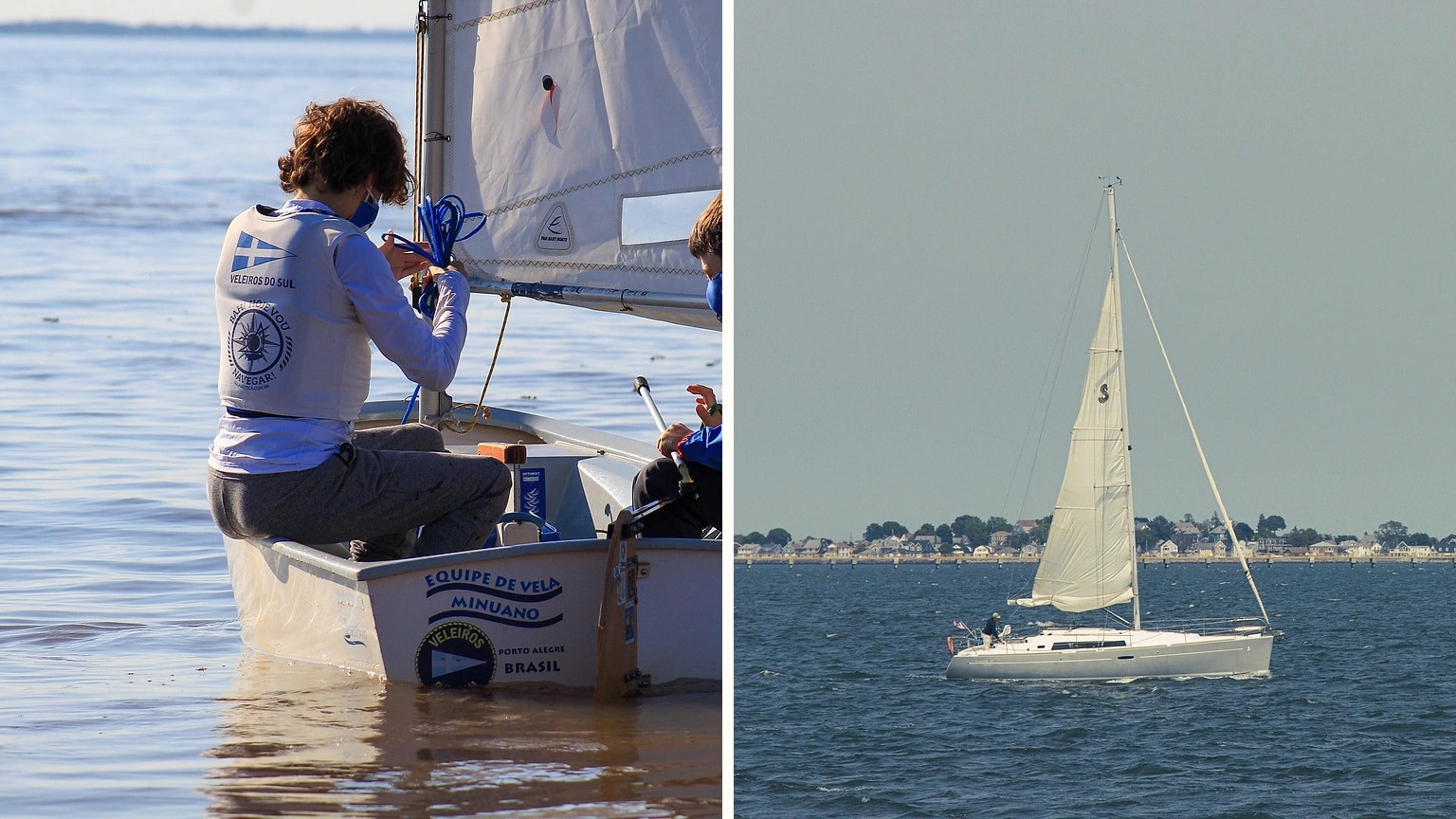 Dinghy sailor and larger keelboat pictured side by side