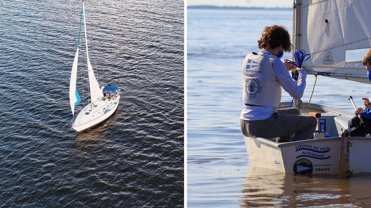 Small sailboat and cruising yacht shown in separate coastal scenes