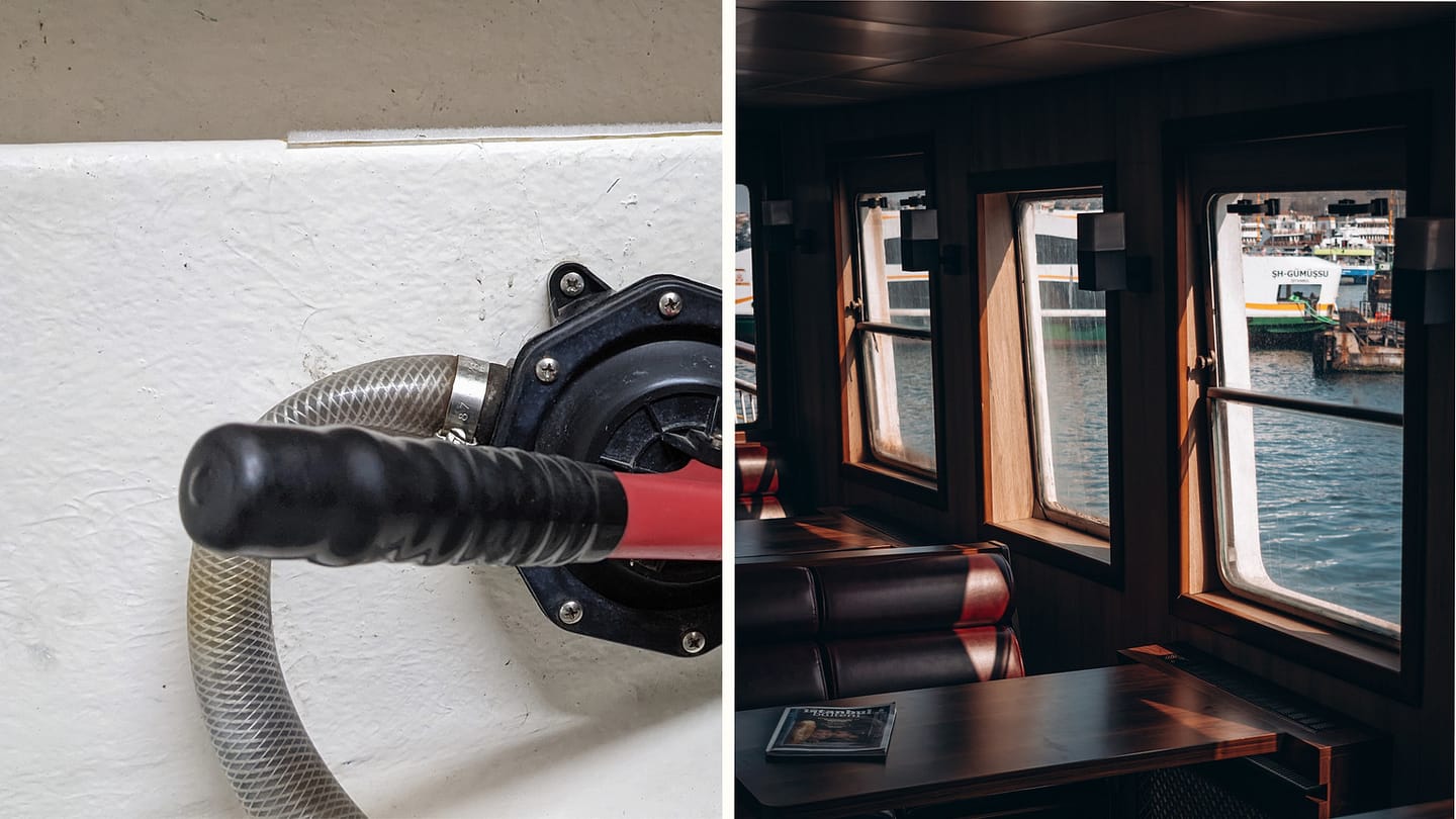Manual bilge pump installation beside a boat cabin