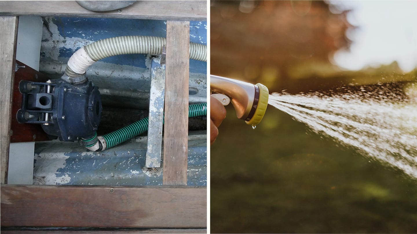 Installed bilge pump and hoses beside water spraying from a hose nozzle