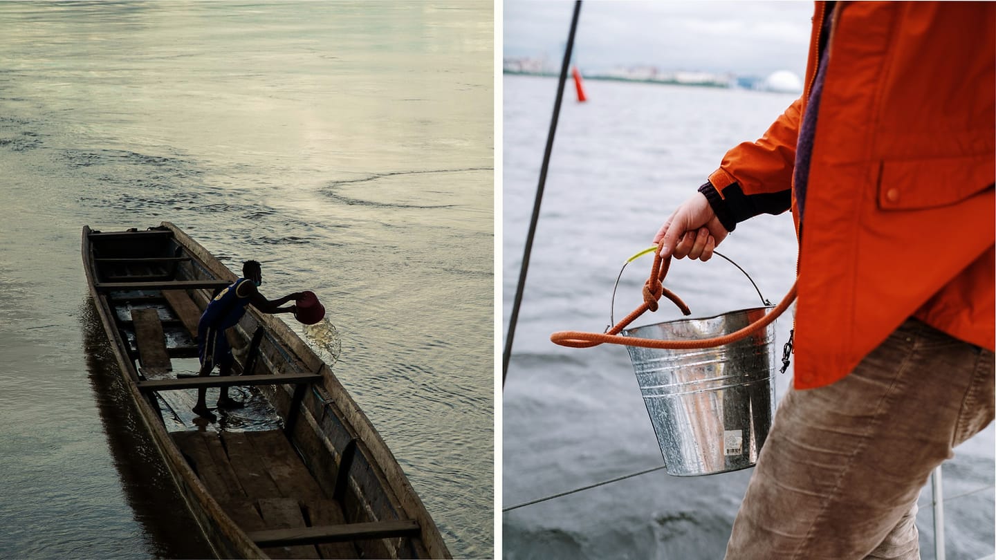 Person bailing a leaking boat beside a bucket held aboard a sailboat