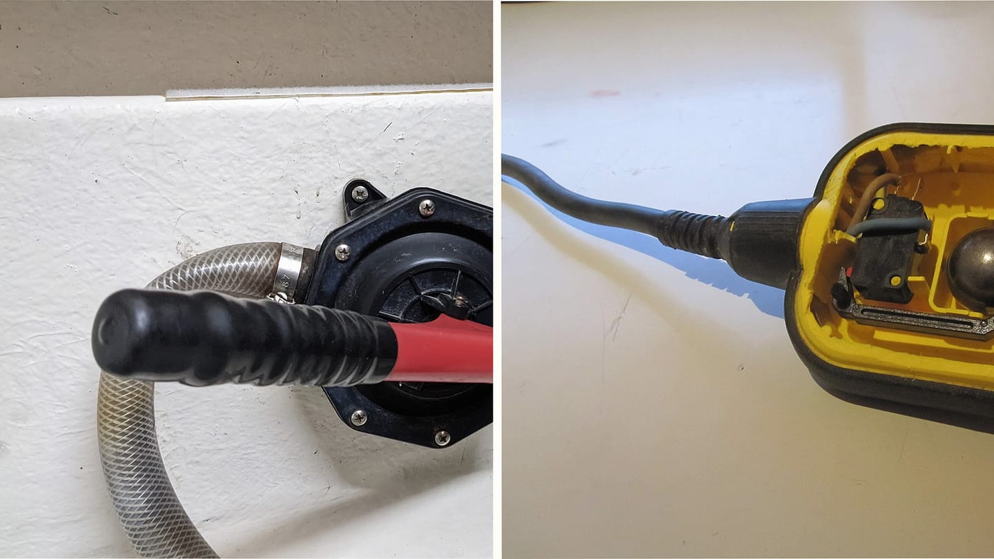 Installed manual bilge pump beside the inside of a raised float switch