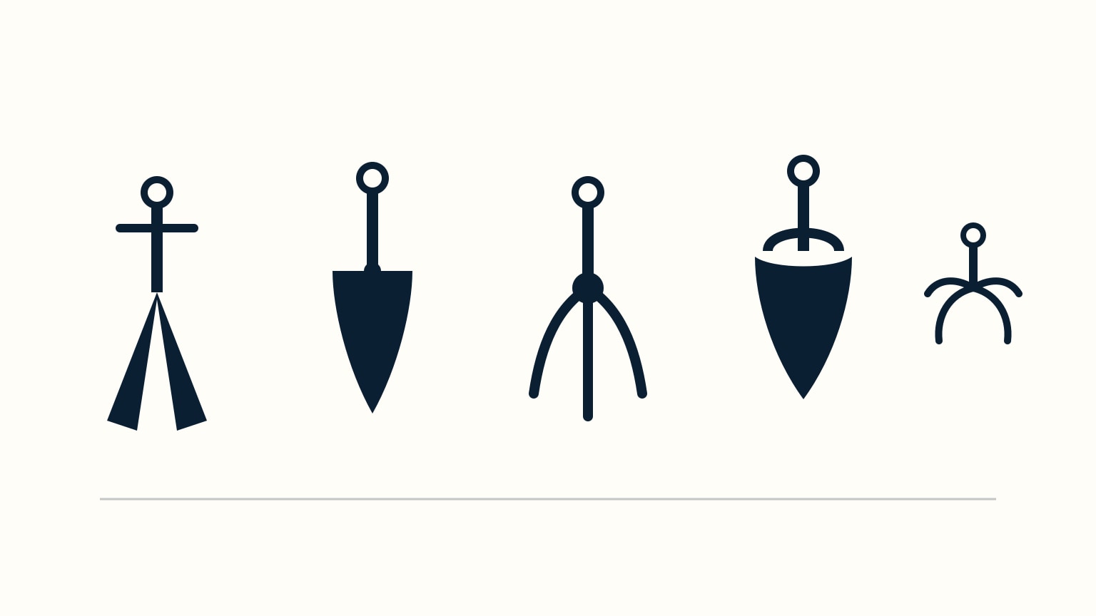A flat-lay of five different anchor shapes arranged on a dock: a Danforth-style fluke anchor, a plow-style anchor, a claw-style anchor, a roll-bar scoop-style anchor, and a small folding grapnel anchor