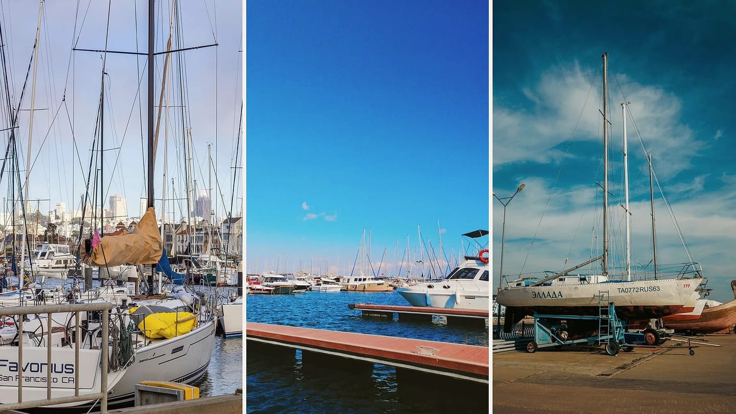 Sailboat maintenance, marina berths, and a sailboat supported ashore