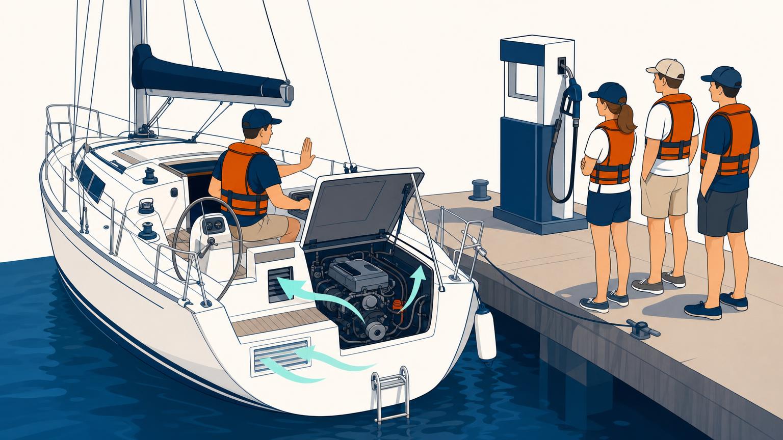 Sailor ventilates and checks a gasoline-powered sailboat at the dock before touching the ignition key