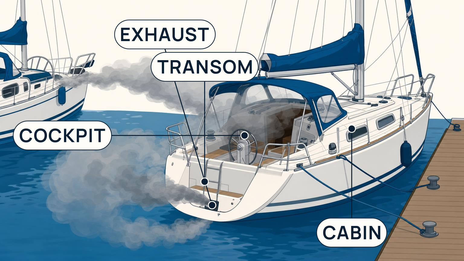 Exhaust curls over a sailboat’s stern and spreads into its covered cockpit and cabin while nearby boat exhaust approaches