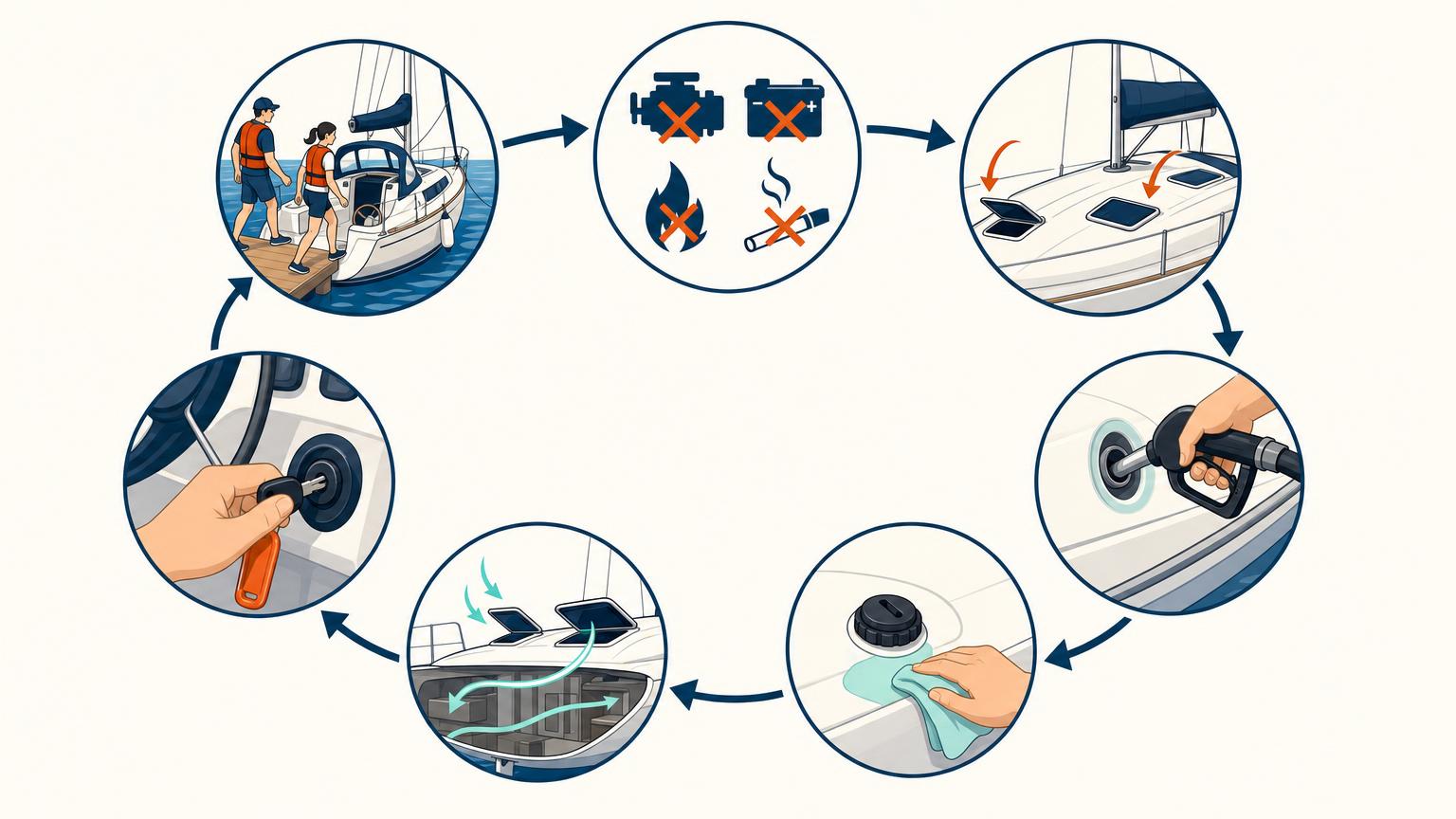 Visual sequence showing passengers ashore, ignition sources stopped, openings closed, careful fueling, spill cleanup, and ventilation before starting
