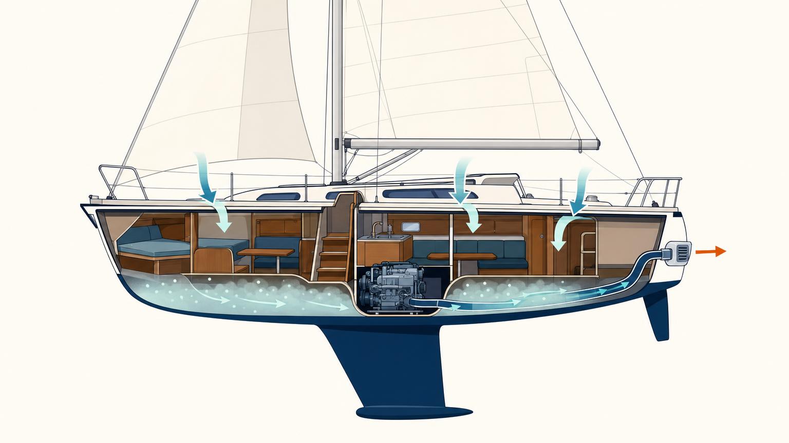 Cutaway sailboat showing gasoline vapor pooled low around the engine while ventilation carries it out of the hull