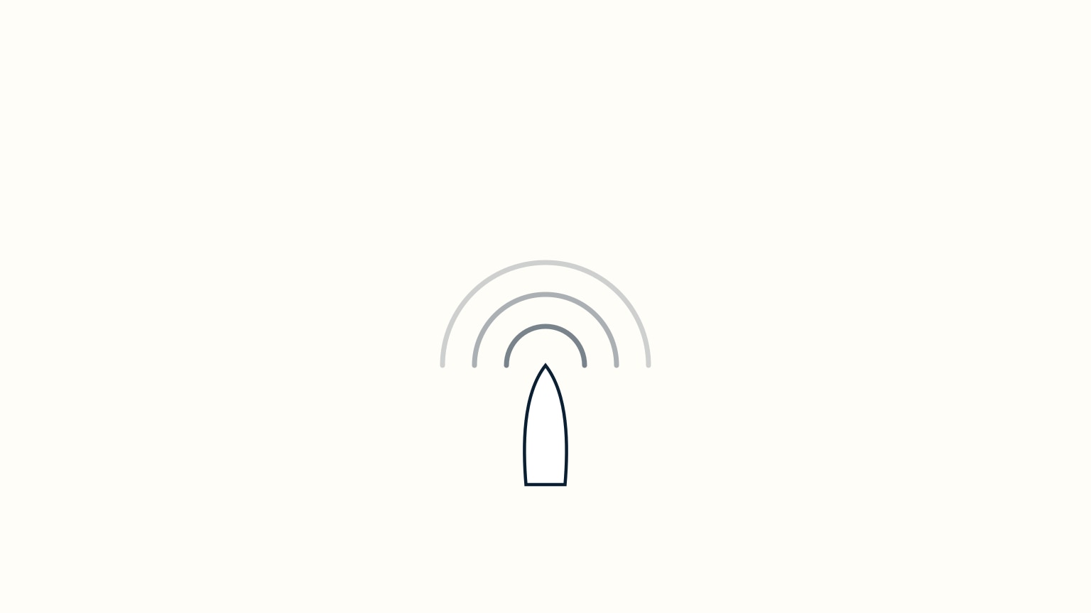 A bird's-eye view on a pale cream background: a single white boat hull with a navy outline sits in the lower third of the frame, bow pointing straight up toward the top edge. Three thin navy arcs, each larger than the last and each fainter than the last, curve above the bow like ripples of sound spreading outward and upward from the vessel.