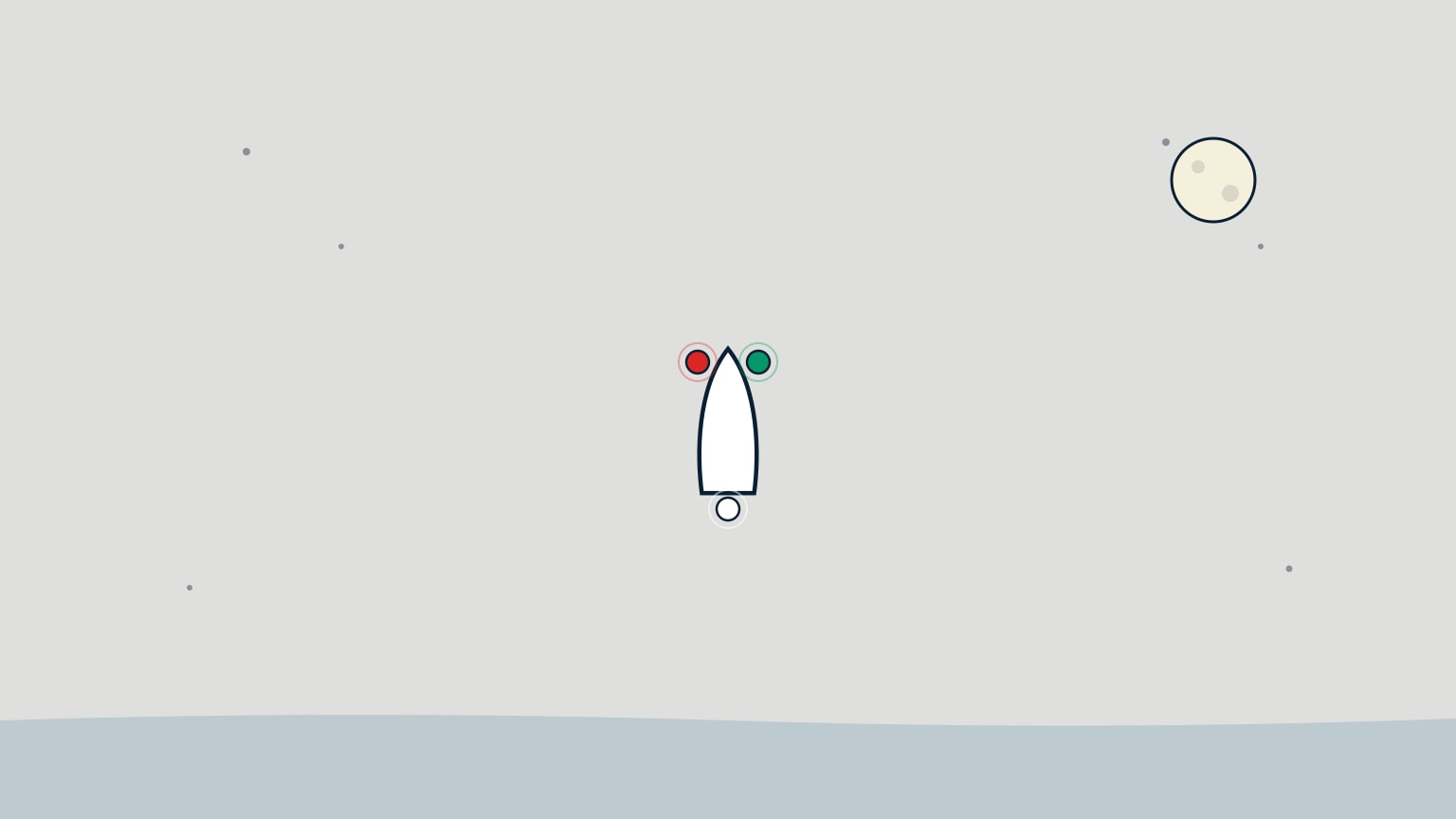 A single white boat hull, bow up, drawn from above on a dimmed, star-flecked background with a plain round moon in the upper right and a hint of water along the bottom edge. A green dot glows beside the bow on its right and a red dot glows beside the bow on its left, each with a faint ring of its own colour around it; a white dot glows at the stern with its own faint ring.
