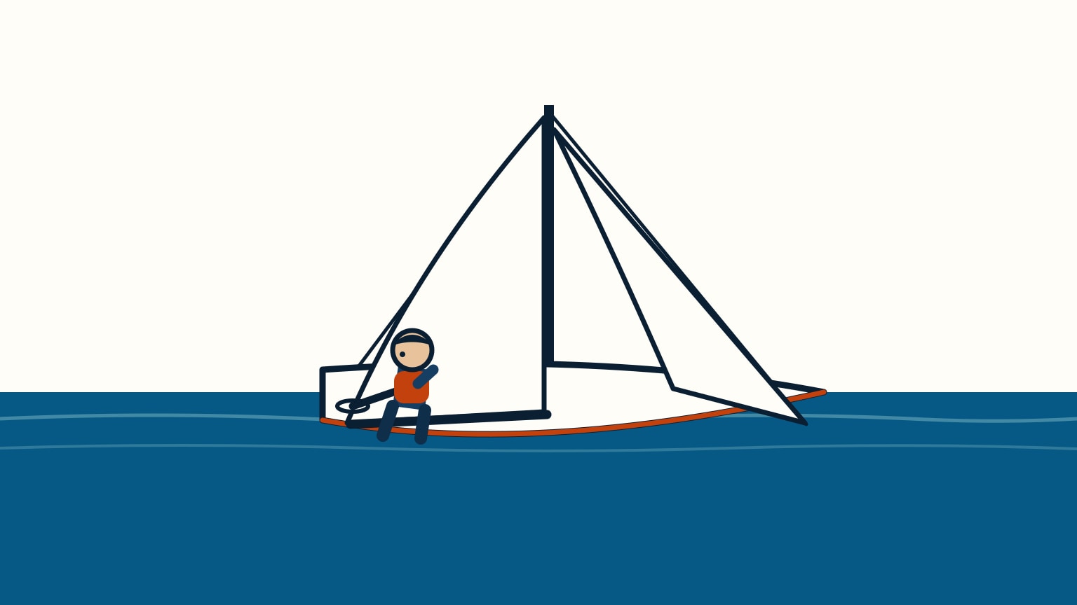 A sailor fits an emergency tiller onto the exposed rudder stock at the stern of a sailboat, sails still trimmed and drawing on calm water.