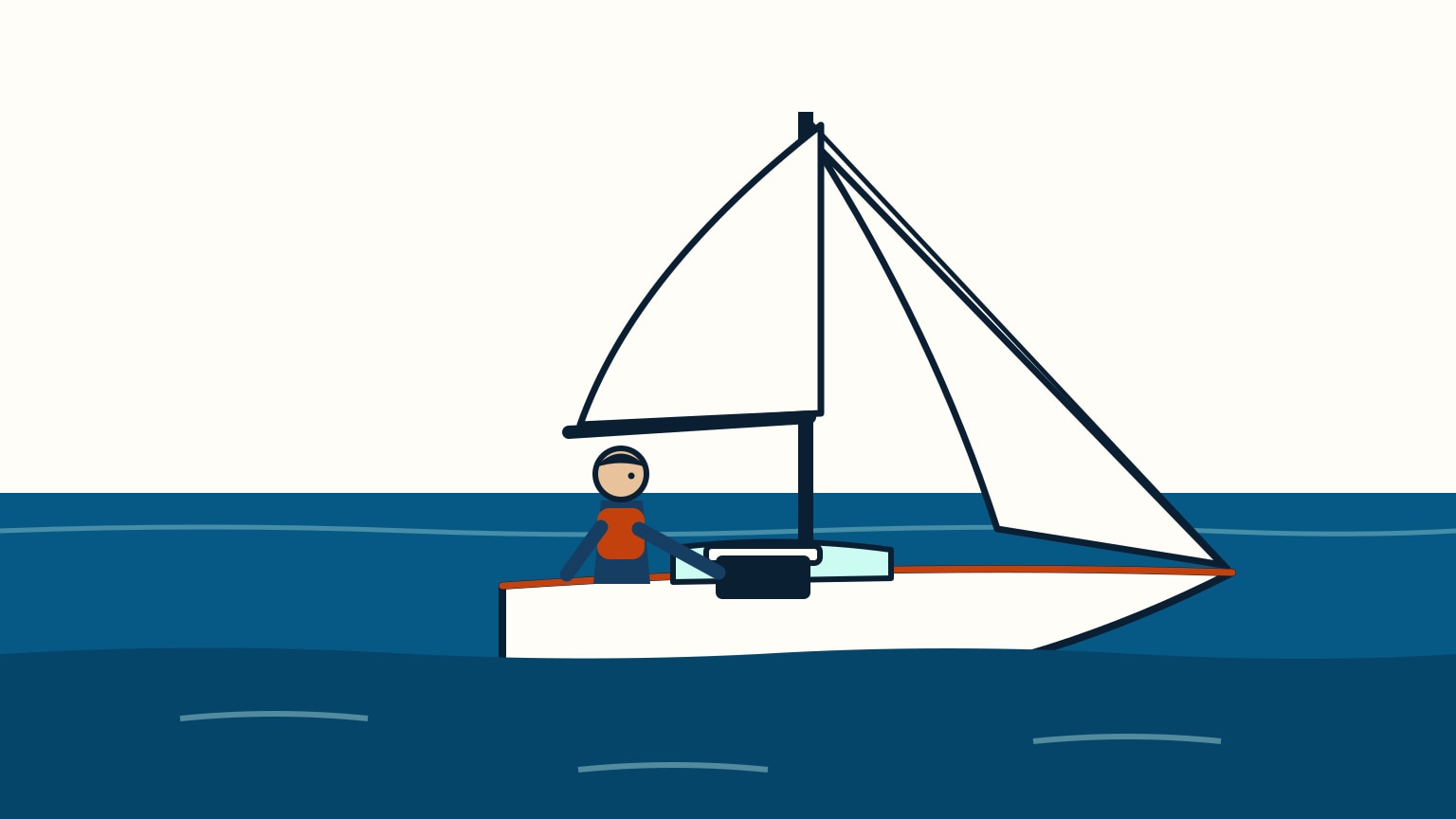 A sailboat sits calmly on flat water, sails slack, while a sailor kneels at the open companionway hatch checking below for water in the bilge.
