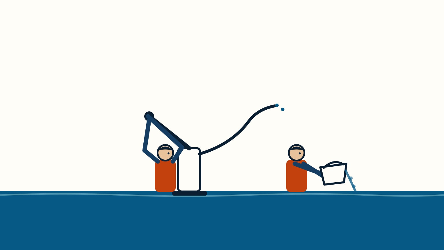 Two crew members work below decks, one pumping a manual bilge handle and the other bailing with a bucket, water pooling shallow in the bilge between them.