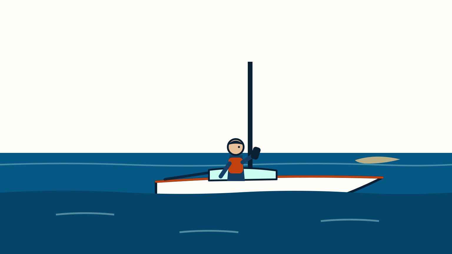 A sailor calls for help on a handheld VHF radio in the cockpit while the boat, listing slightly, turns toward a visible shallow, sandy shoreline.