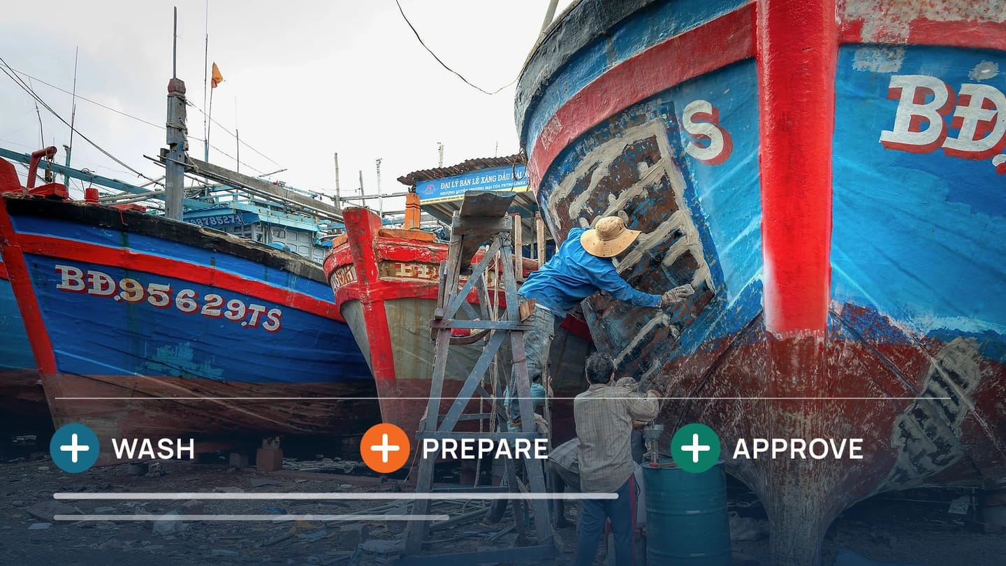 A worker preparing a hull is paired with a three-step preparation record