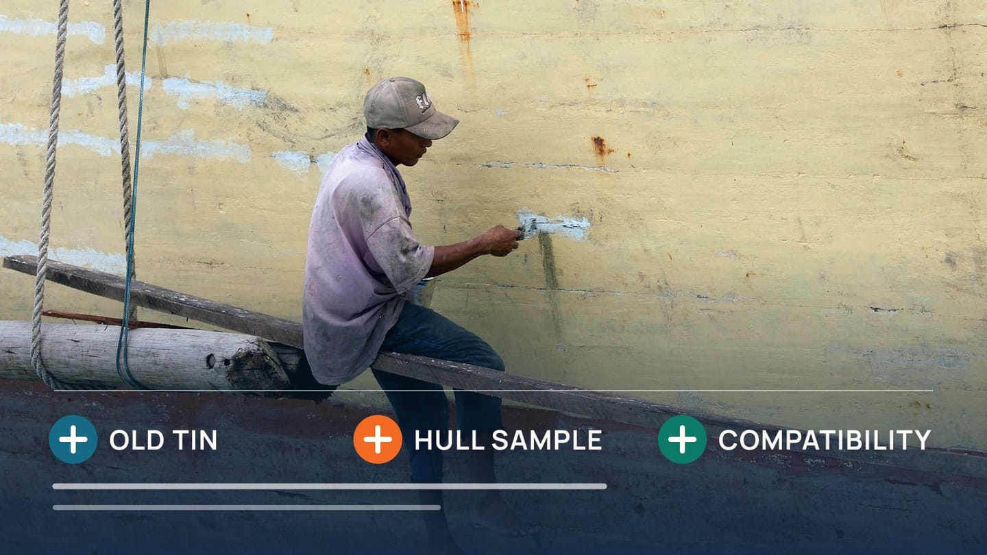 A painted underwater hull is paired with a coating tin, a surface sample and a compatibility check
