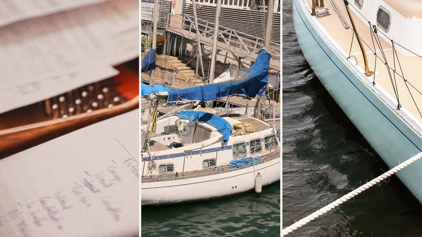 Handwritten checklist, used sailboat, and a close view of a sailboat hull