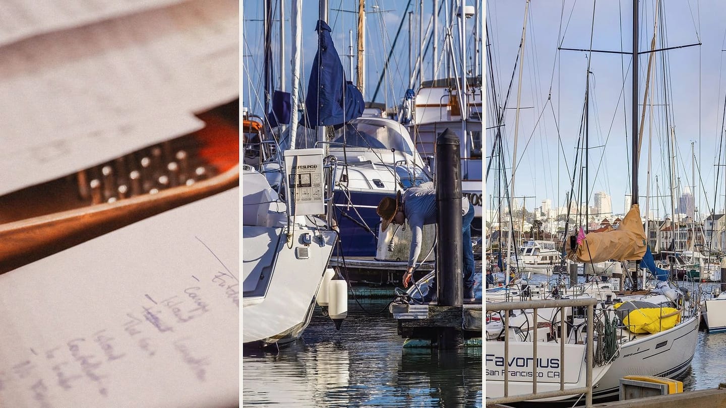 Handwritten checklist, docked sailboat work, and marina maintenance