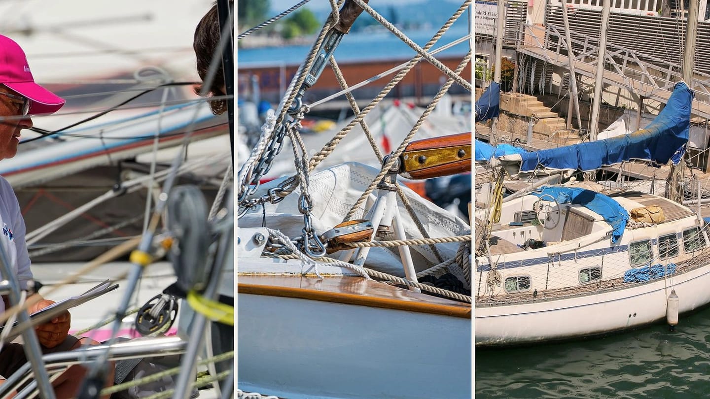 Sailing crew, working deck lines, and a used sailboat at a marina