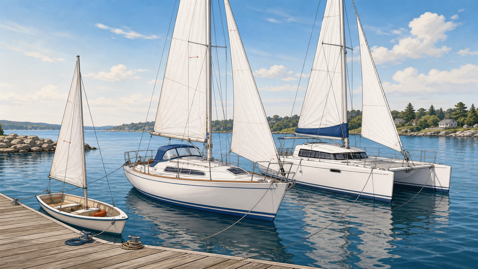 A dinghy, monohull cruiser, and catamaran sit side by side to represent different first-boat jobs