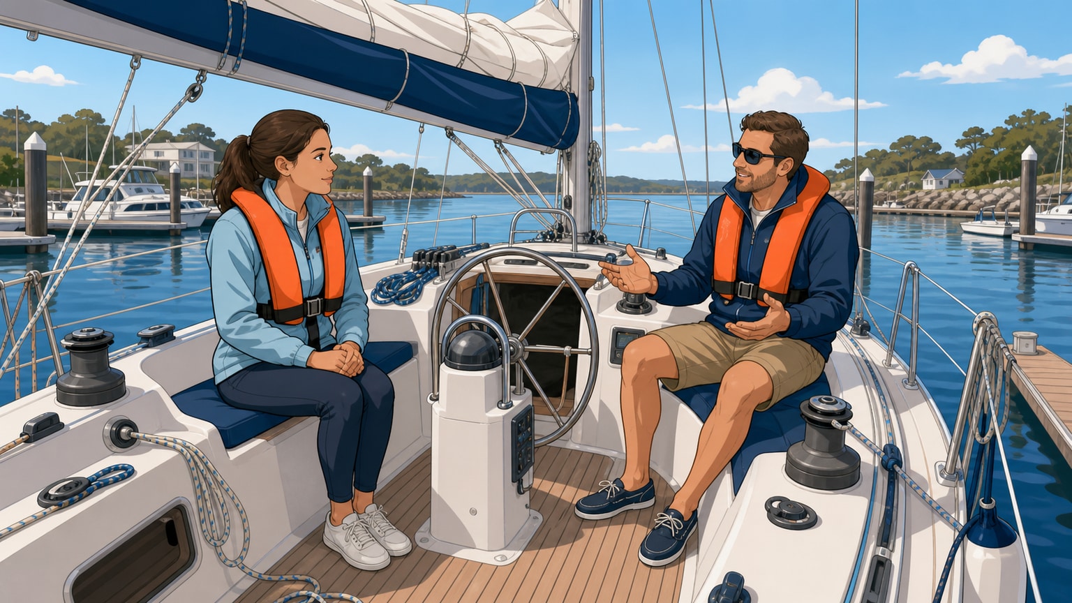 A beginner leading a manoeuvre while an experienced sailor watches from the same cockpit