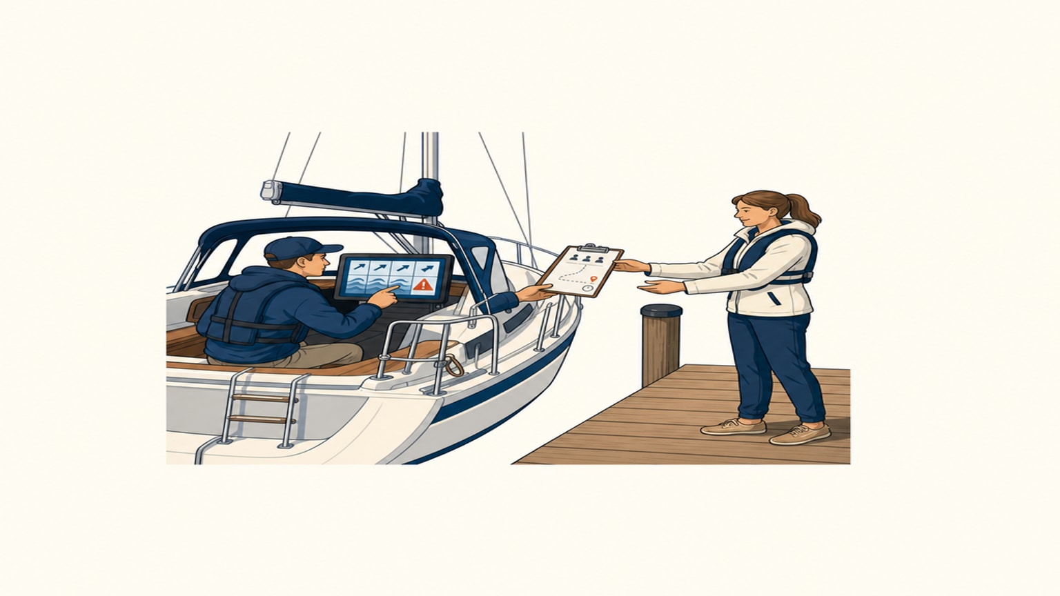 A sailor reviews a departure plan with a person ashore beside a packed boat