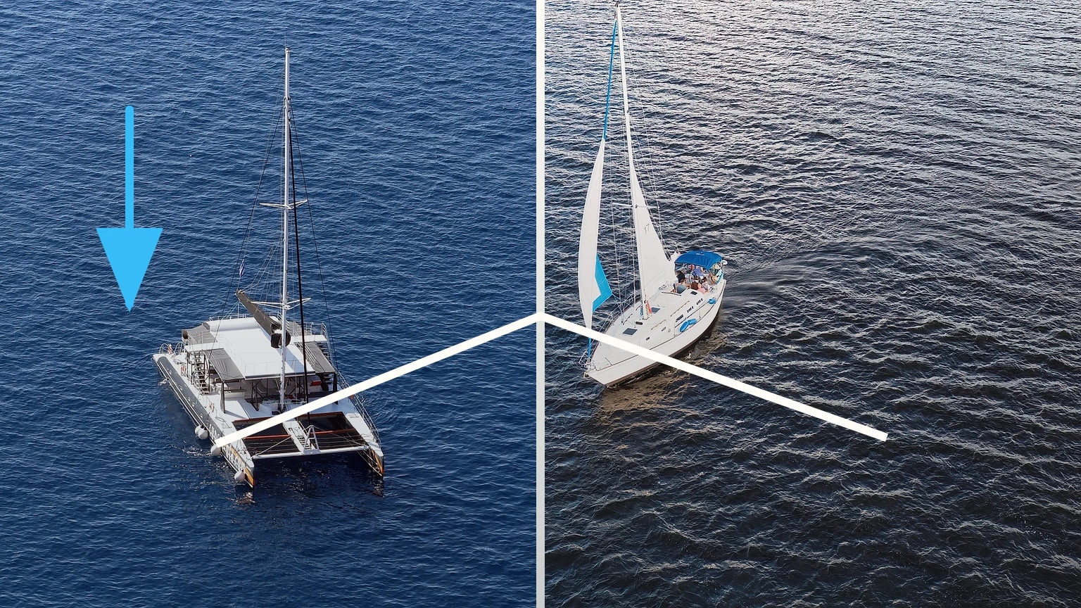 An overhead comparison shows the two narrow hulls of a catamaran beside one monohull