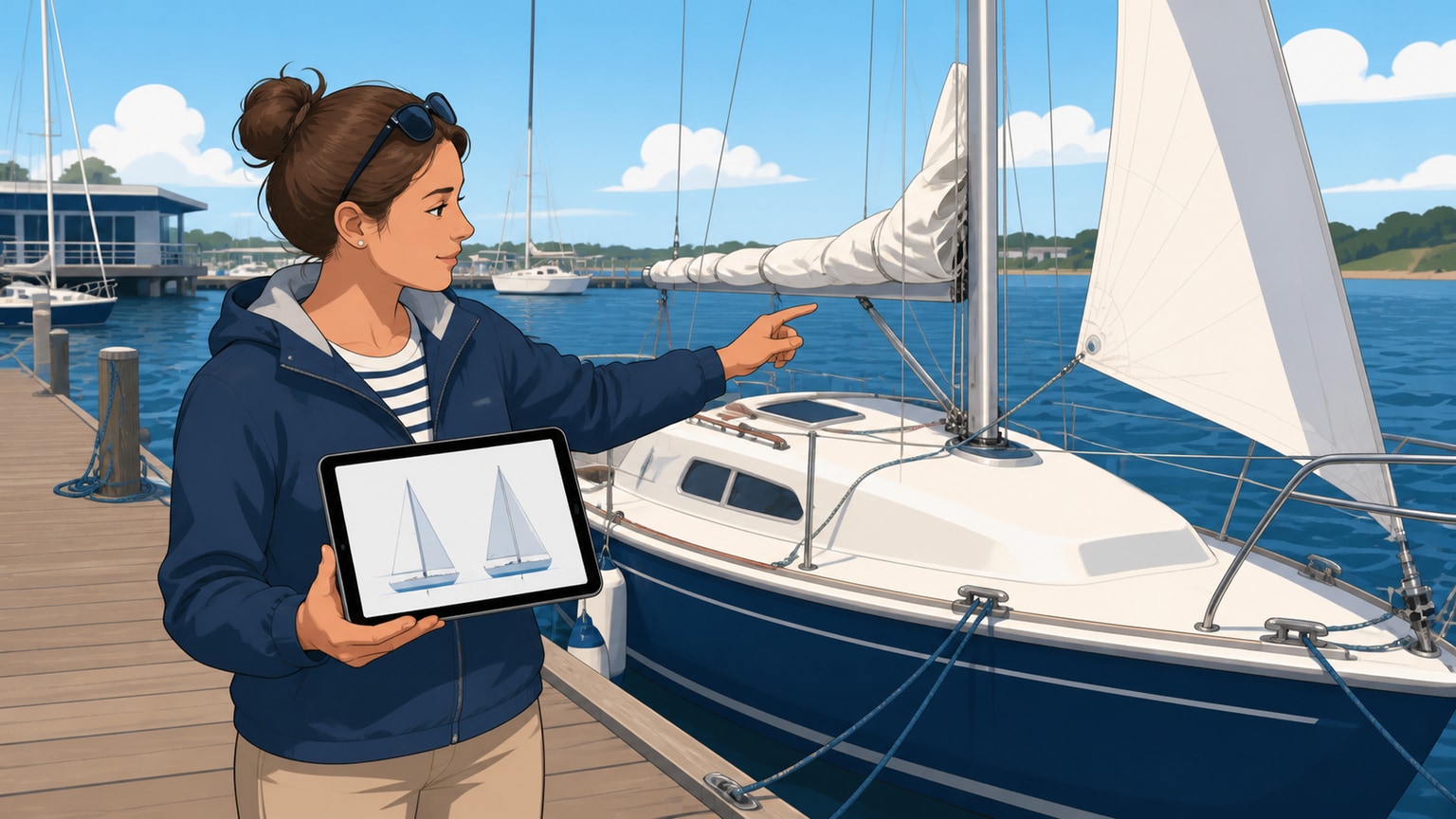 Beginner comparing an online sailing diagram with the real sailboat beside them
