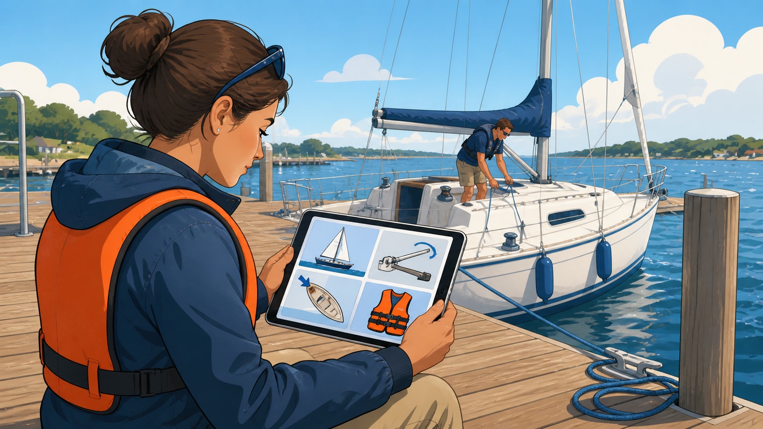Beginner studying four simple sailing concepts on a tablet before boarding