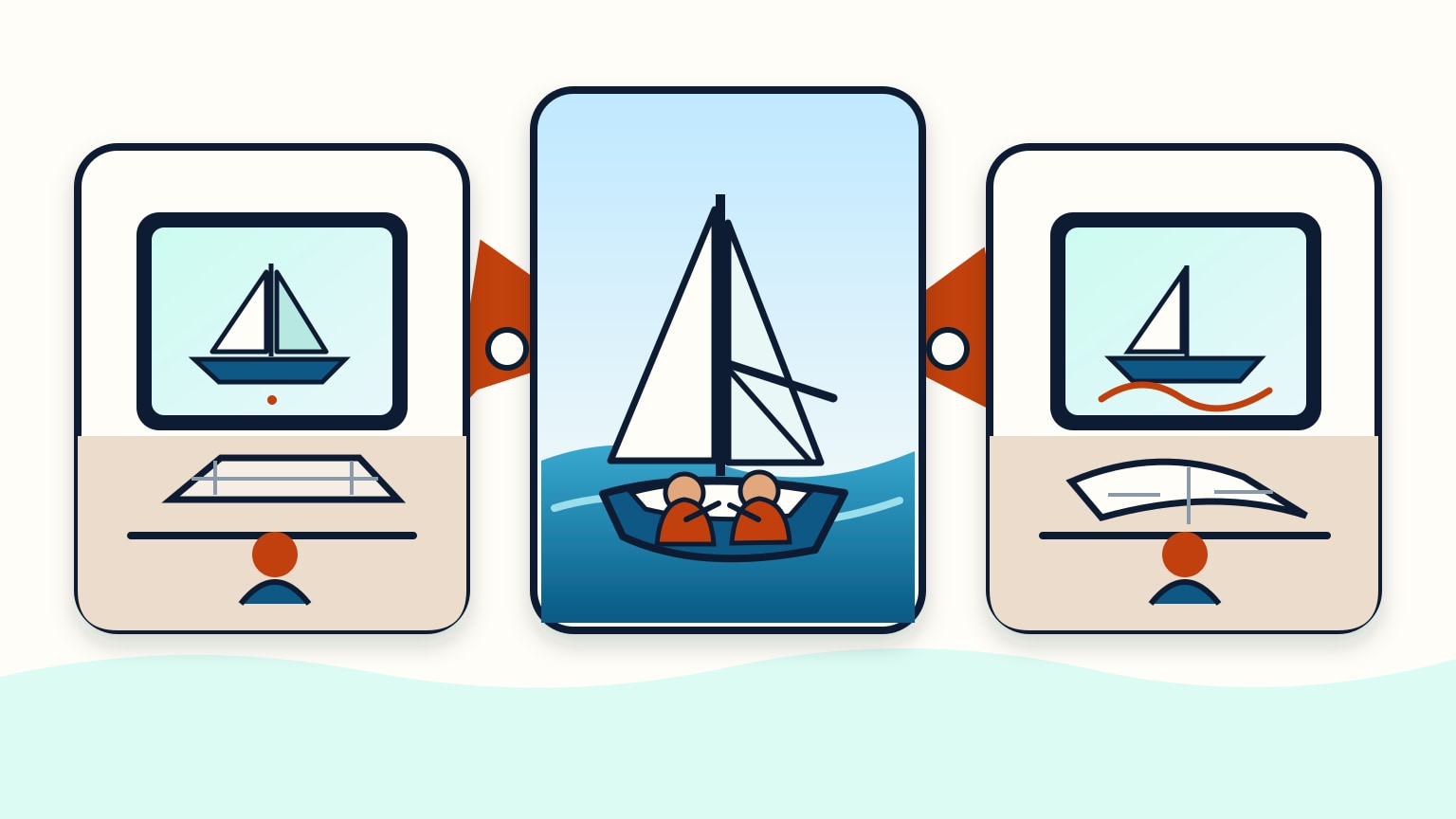 Three connected scenes showing study, supervised sailing, and review