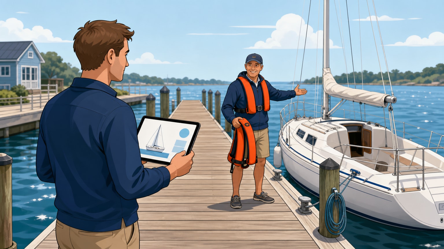 Open online lesson beside a clear path leading toward a supervised sailboat session
