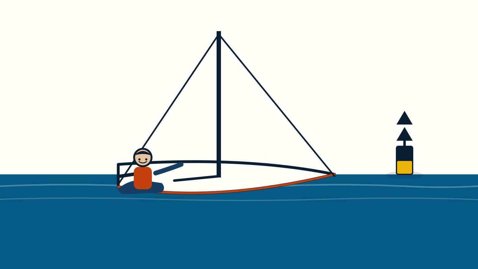 Sailor at rest near a black-and-yellow cardinal mark floating ahead of the boat on calm open water