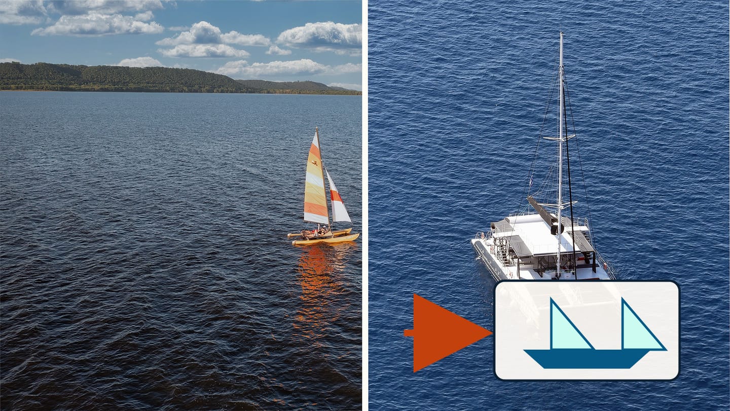 A small beach catamaran beside an aerial view of a cruising catamaran