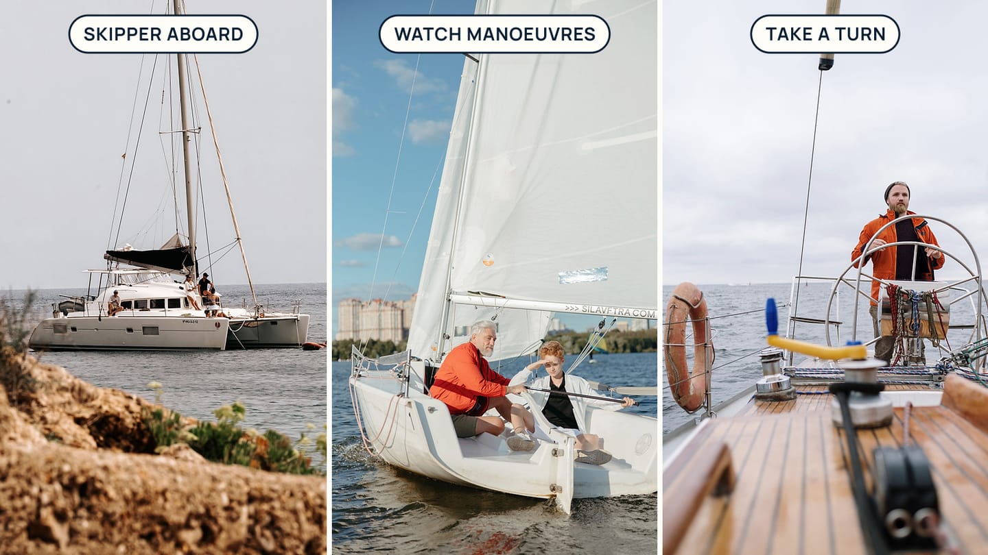Panels labelled SKIPPER ABOARD, WATCH MANOEUVRES, and TAKE A TURN show a cruising catamaran, guided dinghy sailing, and a helmsperson