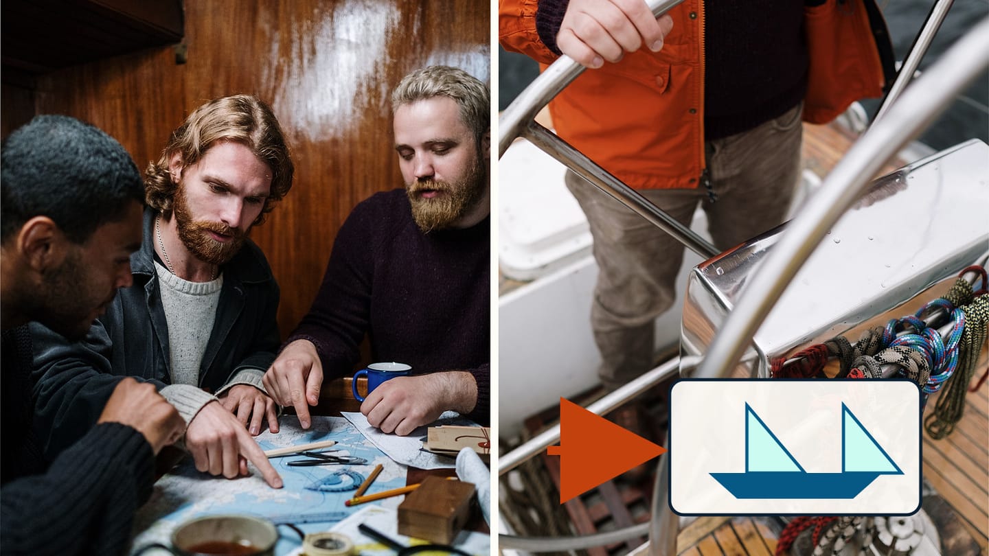A chart-table discussion beside sailboat deck hardware, with a catamaran symbol