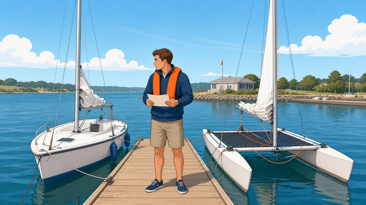 Beginner comparing a two-hulled catamaran with a single-hulled sailboat