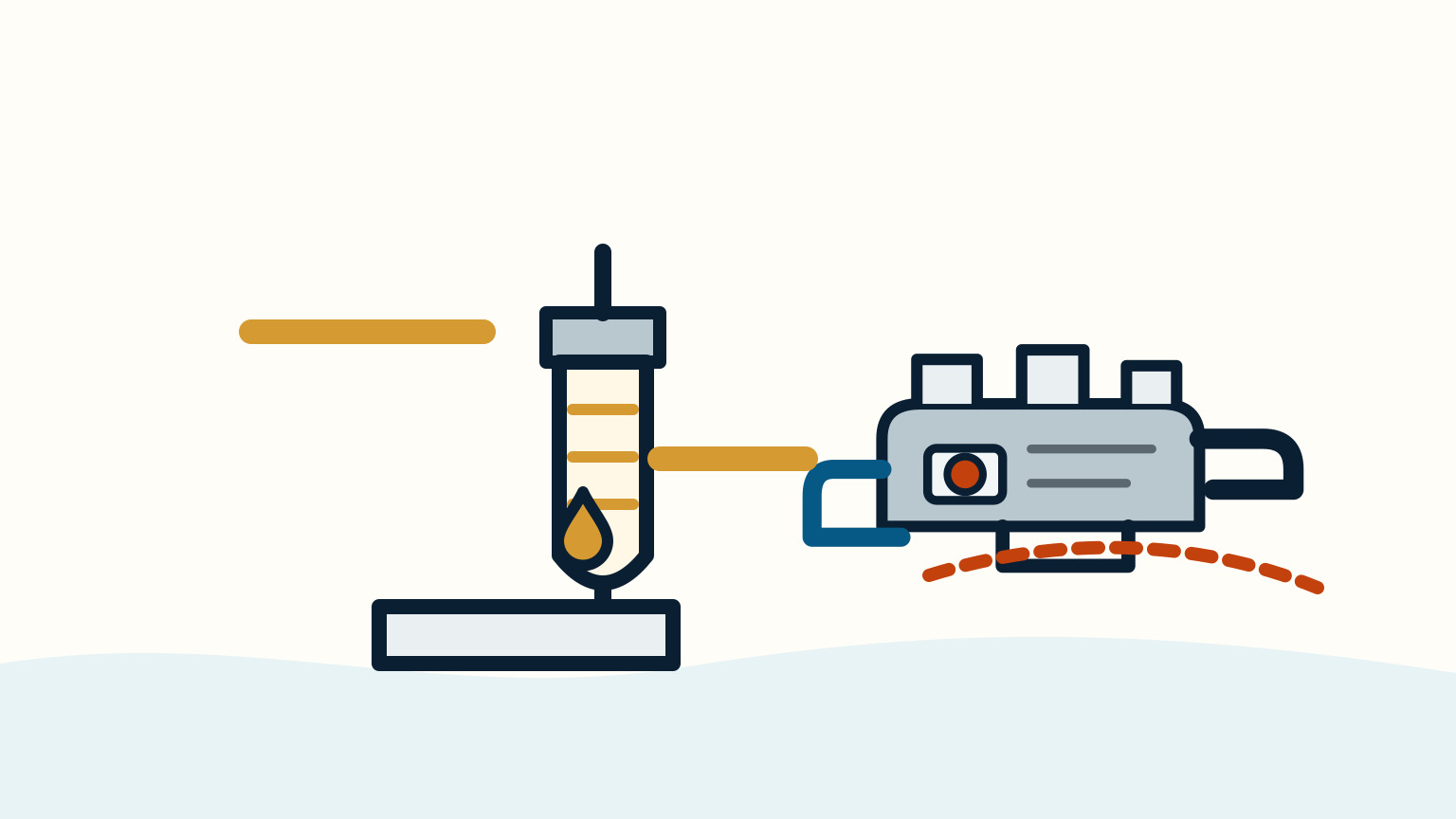A cream fuel filter and small grey engine sit above a dry orange dashed check line