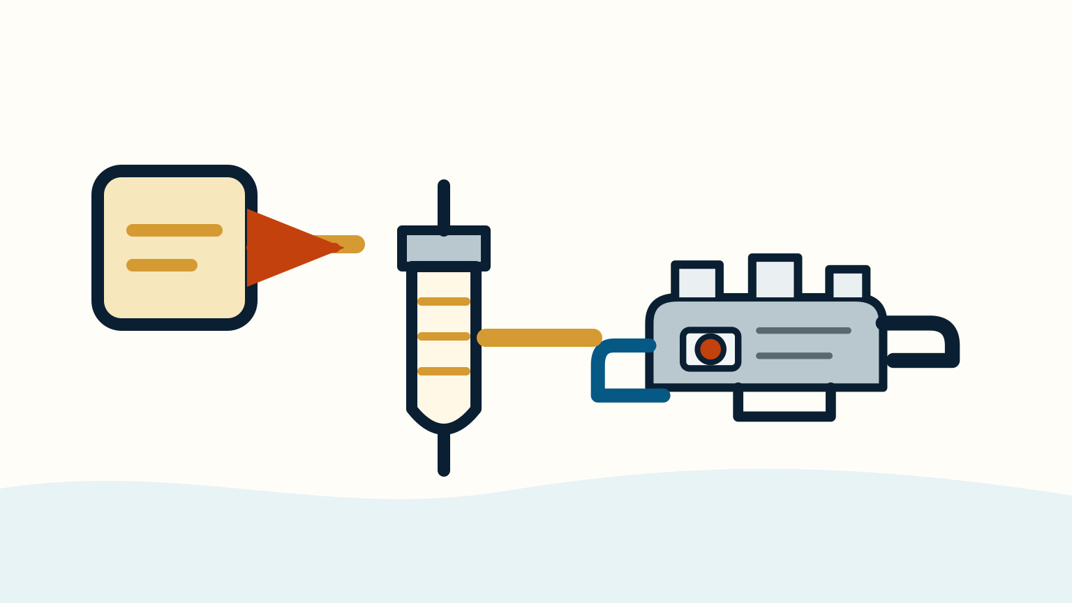 A cream filter, orange fuel path and small grey engine sit beside a pale identification panel